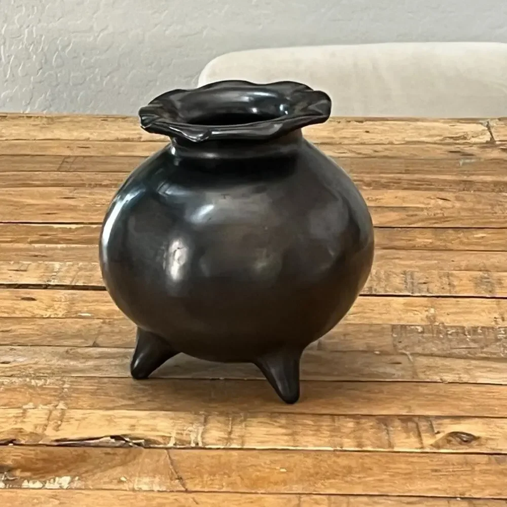 Three Footed Black Pottery Vase Traditional Barro Negro Vessel Oaxaca México
